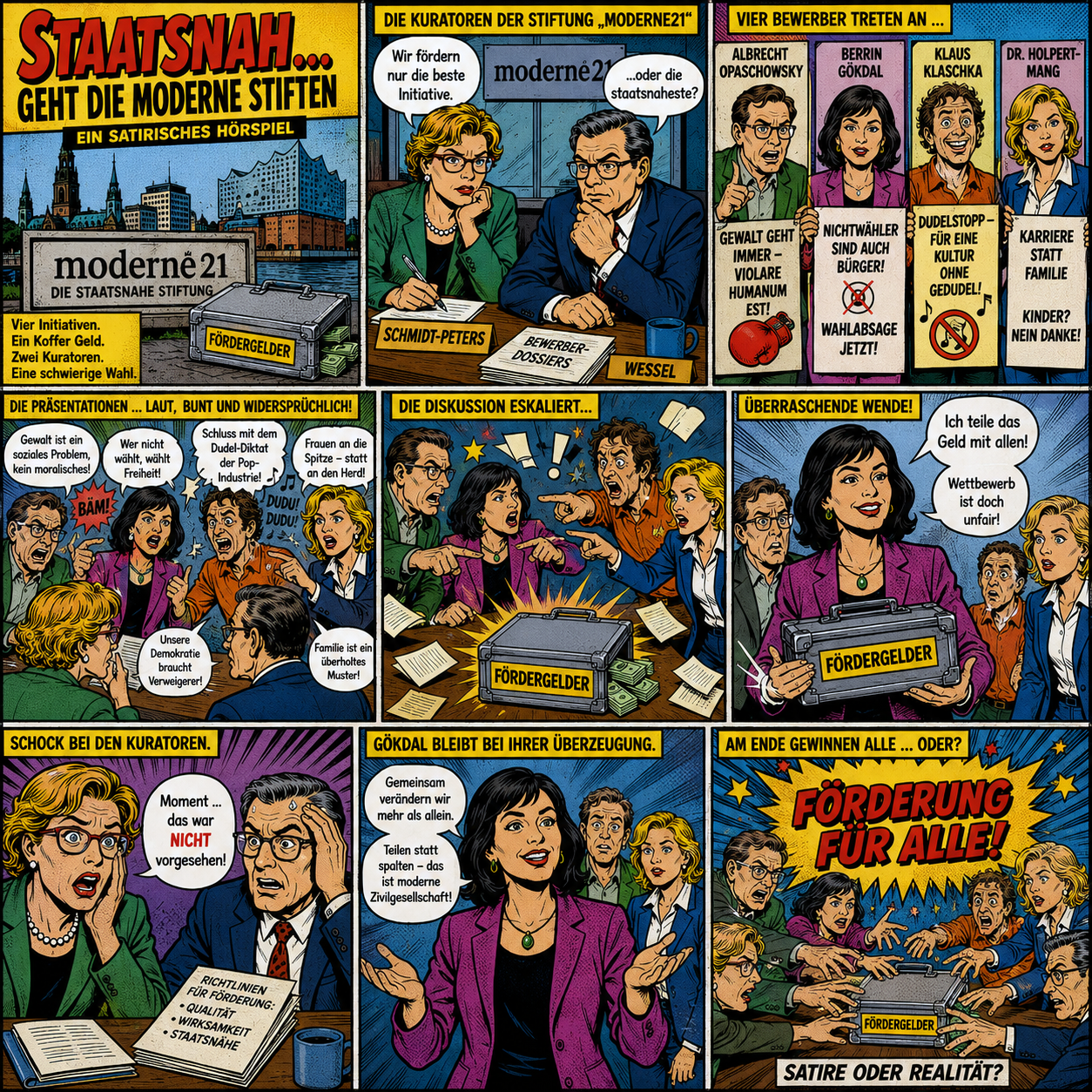 Pop-Art-Comic zum satirischen H�rspiel �Staatsnah � geht die Moderne stiften�.